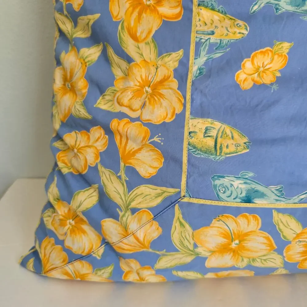 Vintage April Cornell Pillow Cover Insert Blue Yellow Fish Floral Cottagecore